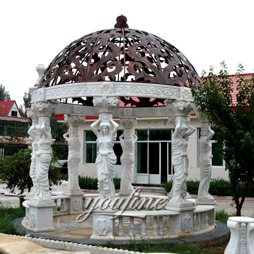 Outdoor luxury white marble garden gazebo with statue for sale